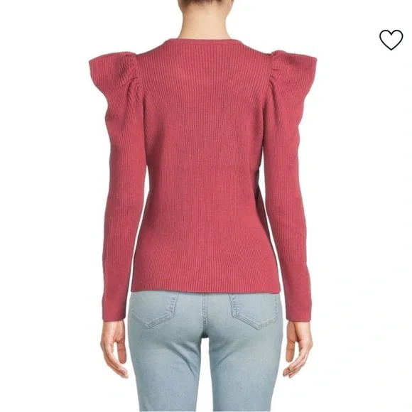 JOE'S JEANS Puff Sleeve Ribbed Long Sleeve Crewneck Sweater in Deep Pink NWOT - Picture 2 of 9